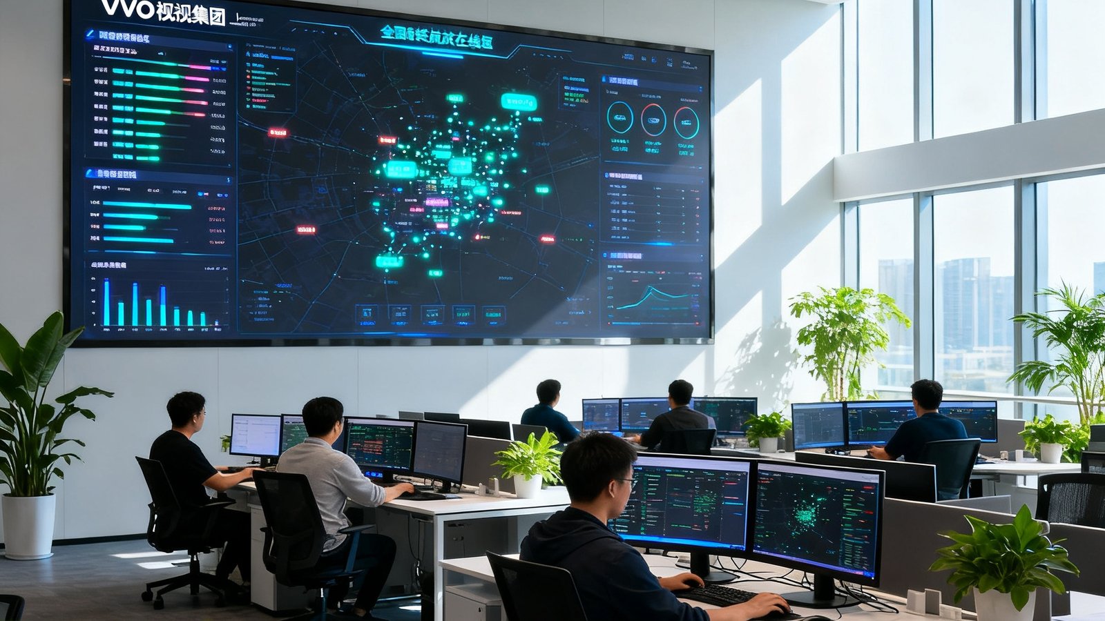 EVO视讯集团上海总部开放式办公区，数十名技术人员坐在双屏工作站前专注分析全国投放数据，墙面悬挂的巨型实时点位监控大屏闪烁着各城市终端的在线状态，阳光透过落地窗洒在绿植点缀的现代办公空间里。