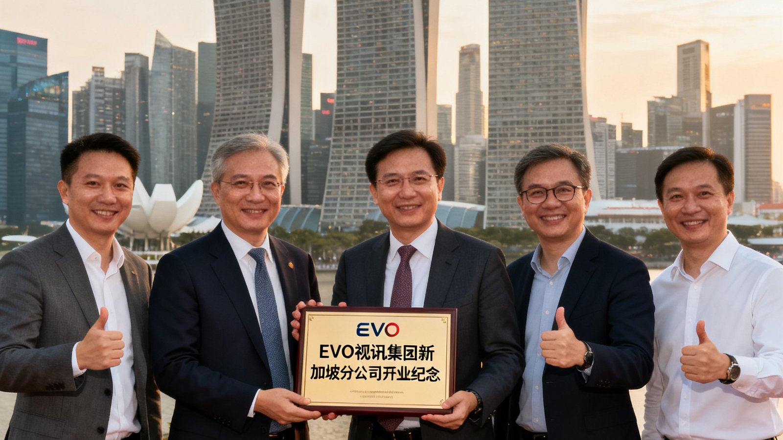EVO视讯集团新加坡分公司开业仪式现场照片，几位高管在滨海湾金沙酒店前合影，背后是新加坡标志性的城市天际线，众人面带笑容手持开业纪念牌。