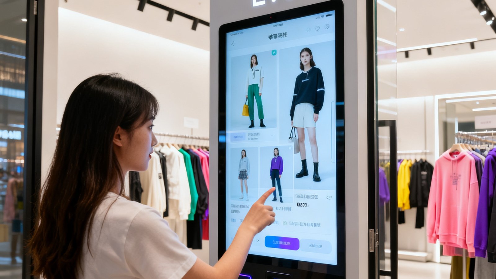 成都太古里一家潮流服装品牌门店入口处，EVO视讯智慧导购屏正在展示当季新品系列，一位年轻女性顾客伸出手指在触摸屏上滑动浏览商品详情和搭配建议，屏幕界面设计时尚简洁。