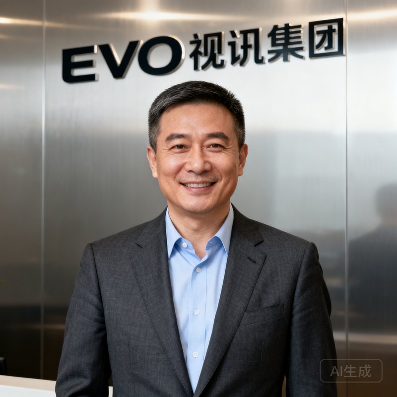 EVO视讯集团CEO张明远，45岁男性，身穿深灰色商务西装搭配浅蓝衬衫，短发干练，面带自信微笑，背景是EVO视讯集团总部的品牌LOGO墙，整体风格专业稳重。