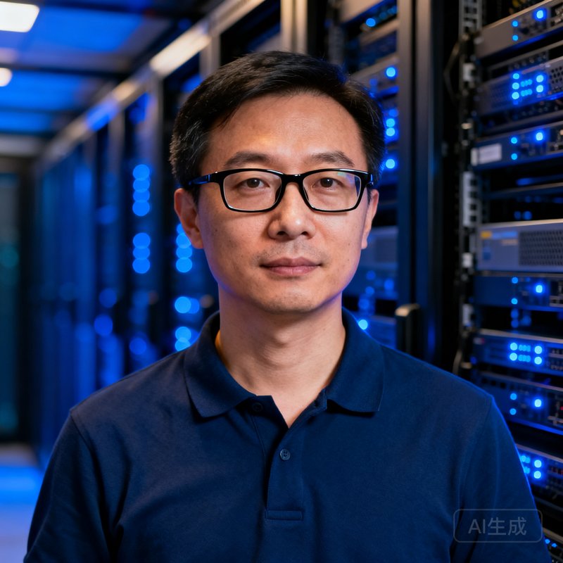 EVO视讯集团CTO李正则博士，38岁男性，戴黑框眼镜，身穿深蓝色Polo衫，气质儒雅而专注，背景是服务器机房的蓝色灯光，体现其深厚的技术背景和AI研究经历。