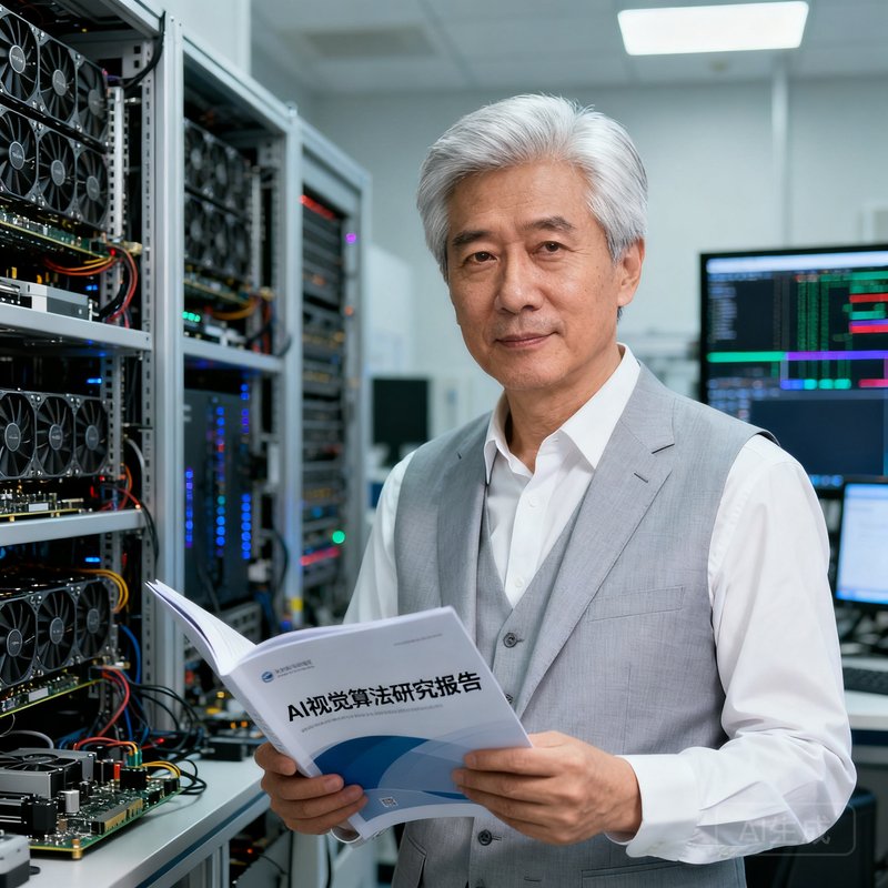 EVO视讯研究院院长陈峻博士，50岁男性，银发整齐，穿着浅灰色西装马甲搭配白衬衫，手持一份AI视觉算法研究报告，背景是研究院实验室内排列的GPU计算集群和测试屏幕。